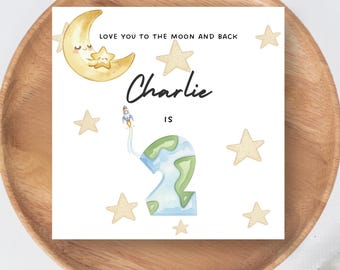 Tarjeta de cumpleaños personalizada para niños pequeños, diseño de cohete, luna y estrellas, temática espacial.