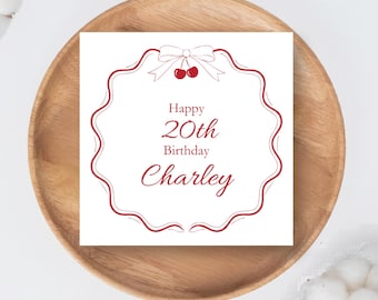 Cartão de aniversário personalizado com nome e idade, com design exclusivo de cereja vermelha.