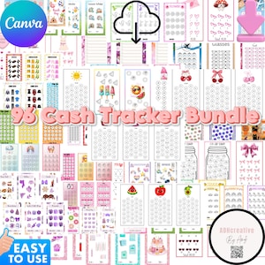 May include: A collection of 96 cash tracker templates with various designs, including floral, fruit, and animal themes. The templates are in a variety of colors and styles, with the text "96 Cash Tracker Bundle" prominently displayed.