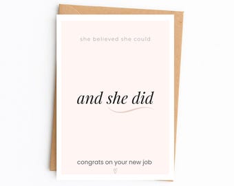 Tarjeta de felicitación por nuevo trabajo, diseño minimalista en tonos rosados, 5x7 (sobre Kraft)