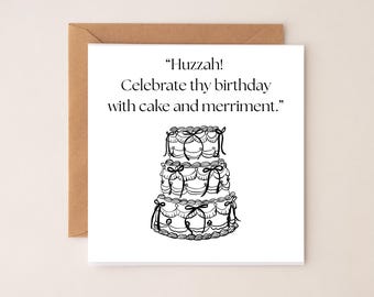 Carte d'anniversaire médiévale amusante - Gâteau huzzah et voeux joyeux - Carte humoristique de style vintage
