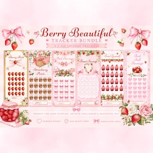 Może przedstawiać: Zestaw Berry Beautiful Tracker Bundle zawierający sześć trackerów oszczędności 3x6 z motywem truskawek. Projekty obejmują ilustracje truskawek, koszyków, babeczek i kokard w odcieniach różu i czerwieni. Tekst zawiera Berry Beautiful Tracker Bundle, Berry Rich, Strawberry Picnic, Pink Savings, Sweet Savings, Treat Yourself i Fruit Full Savings.