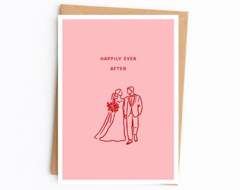 Tarjeta de boda romántica con ilustraciones lineales, tarjeta de felicitación moderna y minimalista para Sr. y Sra. (tamaño A6, fabricada en el Reino Unido).