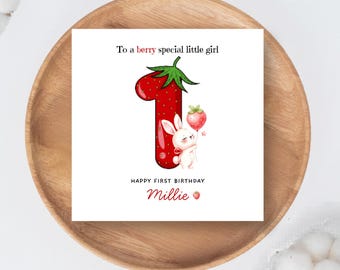 Cartão de aniversário personalizado com tema de coelhinho de morango, mensagem editável (15 x 15 cm)