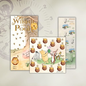 May include: Three Winnie the Pooh themed printed sheets featuring illustrations of Pooh, Piglet, Eeyore, Rabbit, and Tigger. The designs include honey pots, bees, and text such as Winnie the Pooh, Slow and steady fills the honey pot, and £1 symbols.