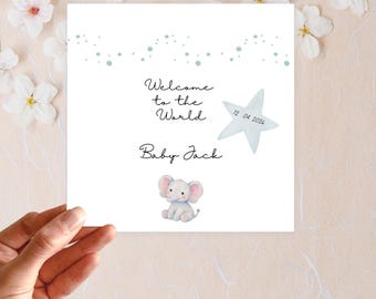 Cartão personalizado com elefante em aquarela para recém-nascido, boas-vindas ao mundo, nome e data.