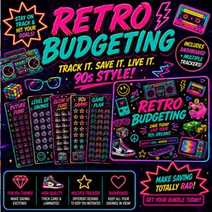 May include: A digital graphic featuring neon-coloured 90s-themed budgeting trackers and a dashboard. The text includes Retro Budgeting, Track It. Save It. Live It. 90s Style!, and Make Saving Totally Rad! with illustrations of a boombox, cassette, and piggy bank.