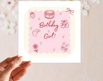 Cartão de aniversário para menina, bolo rosa, doces ilustrados, saudação moderna (15x15 cm)