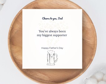 Cartão para o Dia dos Pais, com estampa de caneca de cerveja, mensagem sincera e formato quadrado (Reino Unido)