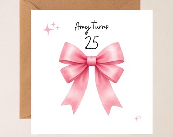 Carte d'anniversaire personnalisée | Prénom personnalisé Âge, coquette avec noeud rose