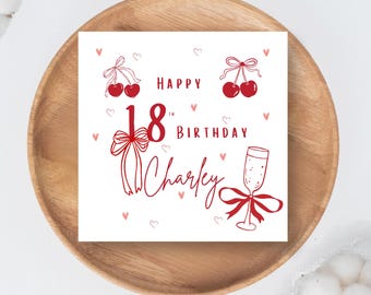 Cartão de aniversário personalizado com nome e idade, com design exclusivo de cereja vermelha.