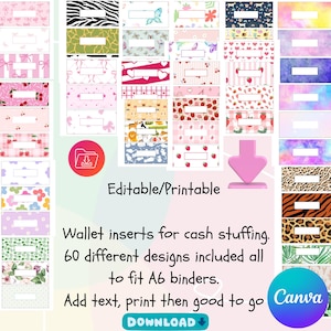 Puede incluir: Un conjunto de insertos de cartera imprimibles con varios patrones, incluyendo estampados de animales, diseños florales y motivos de frutas. Los insertos están diseñados para adaptarse a carpetas A6 y están etiquetados como "Editable/Printable". El texto "Wallet inserts for cash stuffing" también está presente.