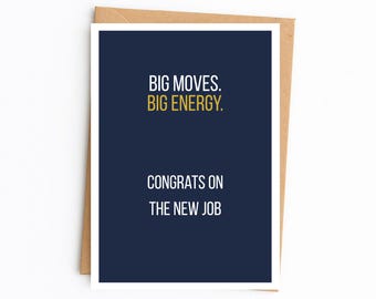 Tarjeta de felicitación minimalista "Nuevo trabajo, grandes cambios, gran energía", color azul marino mostaza (5x7)