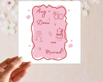 Cartão de casamento personalizado com nomes, quadrado 6x6, ilustração rosa