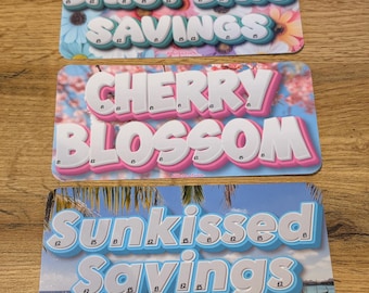 Tarjetas de ahorro Primavera Verano / Rastreadores de dinero con diseño estético de margaritas, flores de cerezo y playa / Insertos para rellenar efectivo / Lindas tarjetas de presupuesto (Reino Unido)