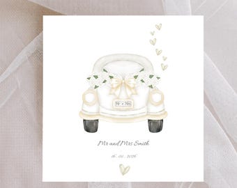 Cartão de casamento personalizado, Sr. e Sra., design de carro para recém-casados