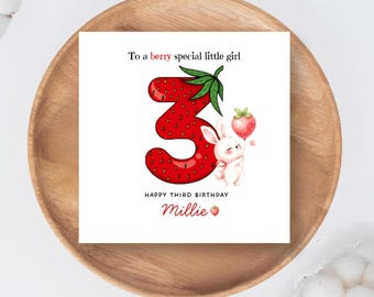 Cartão de aniversário de três anos com coelhinho de morango, nome personalizado, lembrança quadrada (em branco por dentro)