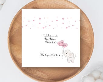 Cartão personalizado de felicitações para o bebê, com desenho de elefante, adicione o nome e a data.