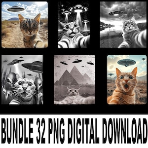 May include: A collection of digital art featuring cats and UFOs. The images showcase cats in various settings, with flying saucers overhead. The art styles range from color photographs to black and white illustrations. The text "BUNDLE 32 PNG DIGITAL DOWNLOAD" is at the bottom.