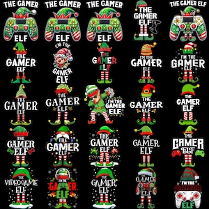 May include: A black background with multiple designs featuring the text "THE GAMER ELF." The designs include elf figures, game controllers, and elf hats in green, red, and white. The overall theme is gaming and Christmas.