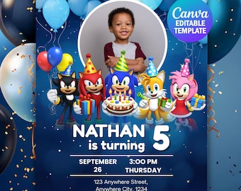 Sonic Birthday Invitation with Photo Kids Party Super Sonic Hedgehog 3 Theme Boys Invite Printable Personalized Editable Canva Template Blue