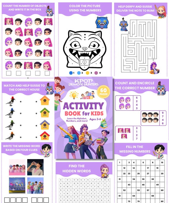 Kpop Demon Hunters Kids Activities Educational Learning Worksheets Printable Preschool Kindergarten School Quiet Children Toddler Busy Book
