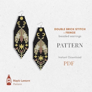 May include: Two beaded earrings with a black background and a geometric design in shades of beige, yellow, and pink. The earrings are labeled "Double Brick Stitch + Fringe beaded earrings" and are a "Pattern" available as a PDF.