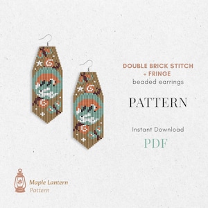 May include: A digital pattern for double brick stitch and fringe beaded earrings featuring a brown background with a teal circle, orange accents, and white details. The text reads DOUBLE BRICK STITCH + FRINGE beaded earrings PATTERN Instant Download PDF.