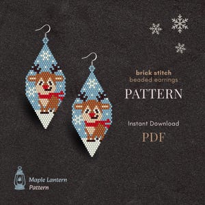 May include: A pair of teardrop-shaped beaded earrings featuring a reindeer design. The earrings have a light blue background with white snowflakes and a brown reindeer wearing a red scarf. The earrings are made with a brick stitch pattern.