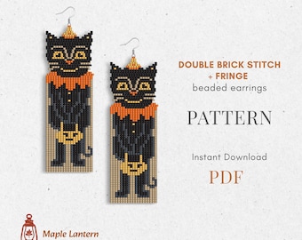 Black Cat Beaded Fringe Earrings Pattern: Halloween Brick Stitch (PDF Download), spooky scheme, fall