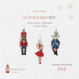 Nutcracker set bead earrings pattern, Xmas brick stitch, winter, pdf download, mouse king, ballerina