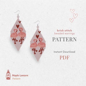 May include: Two beaded earrings with a flamingo design. The earrings are diamond-shaped and feature pink flamingos, red hearts, and floral accents. The text "brick stitch beaded earrings PATTERN" is also visible.