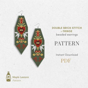 May include: Two beaded earrings with a heart and floral design in red, yellow, and white on a green background. The earrings are made using the double brick stitch technique. The text on the image says "DOUBLE BRICK STITCH + FRINGE beaded earrings PATTERN Instant Download PDF".