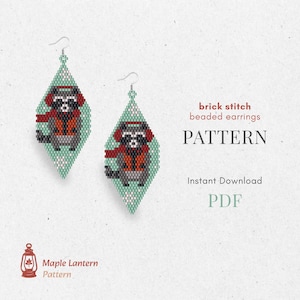 May include: Two diamond-shaped beaded earrings featuring a raccoon design. The earrings have a light teal background. Each raccoon wears a red scarf and earmuffs. The text "brick stitch beaded earrings PATTERN" is also visible.