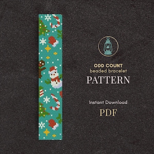 May include: A teal beaded bracelet pattern featuring festive Christmas designs. The pattern includes a snowman, gingerbread man, candy canes, snowflakes, and Christmas trees. The image text reads "ODD COUNT beaded bracelet PATTERN Instant Download PDF."