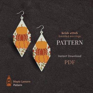 May include: A pattern for diamond-shaped beaded earrings with orange and red pumpkin designs. The earrings are created using the brick stitch method. The image text reads "brick stitch beaded earrings PATTERN Instant Download PDF".