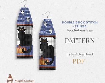 Black Cat in Night Beaded Fringe Earrings Pattern: Halloween Brick Stitch (PDF Download), spooky
