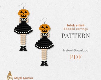 Pumpkin Head Girl bead earrings pattern, Halloween brick stitch, spooky scheme, pdf download, fall