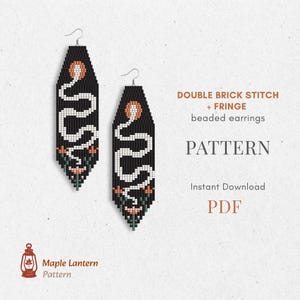 May include: Black beaded earrings with a white snake design, orange sun, and floral accents. The earrings are labeled "DOUBLE BRICK STITCH + FRINGE beaded earrings PATTERN" and "Instant Download PDF". The Maple Lantern Pattern logo is also visible.