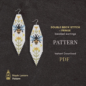 May include: Two beaded earrings with a bee and floral design. The earrings are white with a black bee, blue wings, and yellow flowers. The text on the image says "Double Brick Stitch + Fringe beaded earrings PATTERN Instant Download PDF".