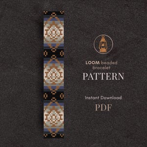 May include: A loom beaded bracelet pattern featuring a geometric design in black, blue, tan, and white beads. The pattern is shown vertically. Text on the image reads "LOOM beaded bracelet PATTERN Instant Download PDF."