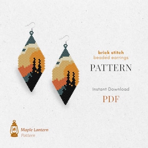 May include: Two beaded earrings with a brick stitch pattern. The earrings are diamond-shaped, featuring a landscape design with black, orange, yellow, and teal beads. The text "brick stitch beaded earrings PATTERN" is visible.