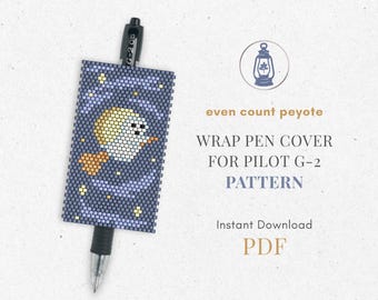 Ghost on Broom bead wrap pen pilot g2 cover pattern, Halloween even count peyote