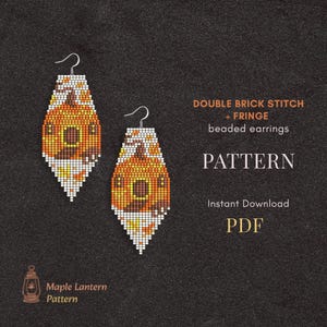 May include: Two diamond-shaped beaded earrings featuring a pixelated orange, yellow, and brown maple lantern design. The text reads: DOUBLE BRICK STITCH + FRINGE beaded earrings PATTERN Instant Download PDF Maple Lantern Pattern.