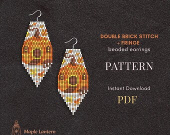Pumpkin House Beaded Fringe Earrings Pattern: Halloween Brick Stitch (PDF Download), spooky scheme, fall