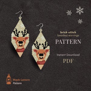 May include: Two beaded earrings with a reindeer design. The earrings are teardrop-shaped, with a cream-colored background and a reindeer face in the center. The text "brick stitch beaded earrings PATTERN" is also visible.
