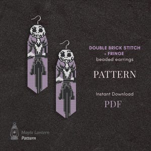 May include: Two beaded earrings with a Jack Skellington design. The earrings are primarily black, white, and lavender. The text on the image reads "DOUBLE BRICK STITCH + FRINGE beaded earrings PATTERN Instant Download PDF".