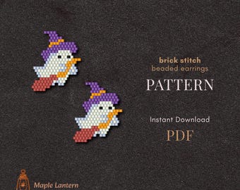 Witch Ghost on Broom bead earrings pattern, Halloween brick stitch, fall scheme, pdf download