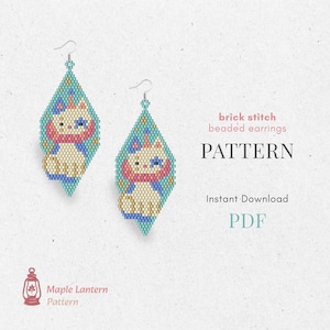 May include: Two beaded earrings with a cat design. The earrings are diamond-shaped with a turquoise background and a cat motif in cream, pink, and blue. The text "brick stitch beaded earrings" and "PATTERN" are also visible.