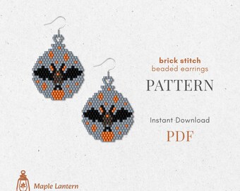 Bat bead earrings pattern, Halloween brick stitch, animal scheme, pdf download, spooky, autumn, fall